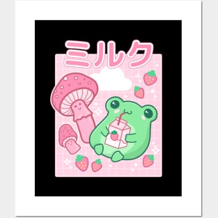 A Retro Harajuku Tale of a Cute Strawberry Frog, Anime Milk Box, and a Korean Pop Pink Senpai Milkshake Posters and Art